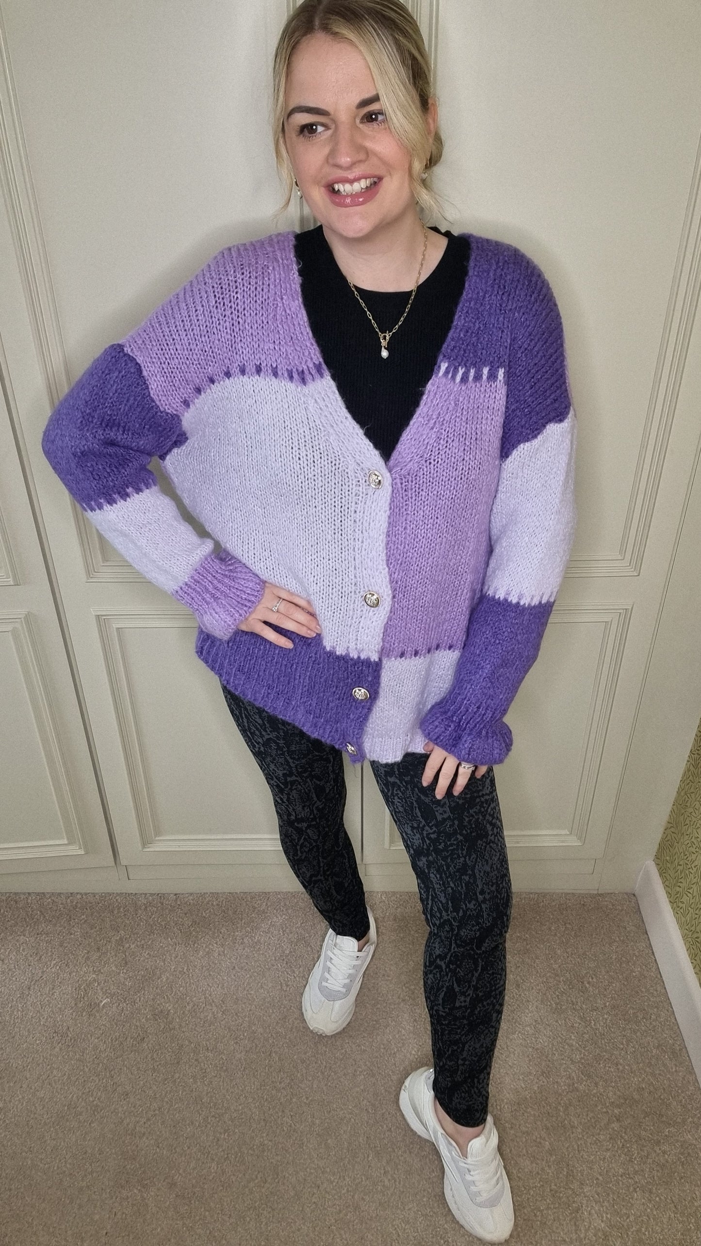ANNIE PATCHWORK GOLD BUTTON CARDIGAN - PURPLE MIX