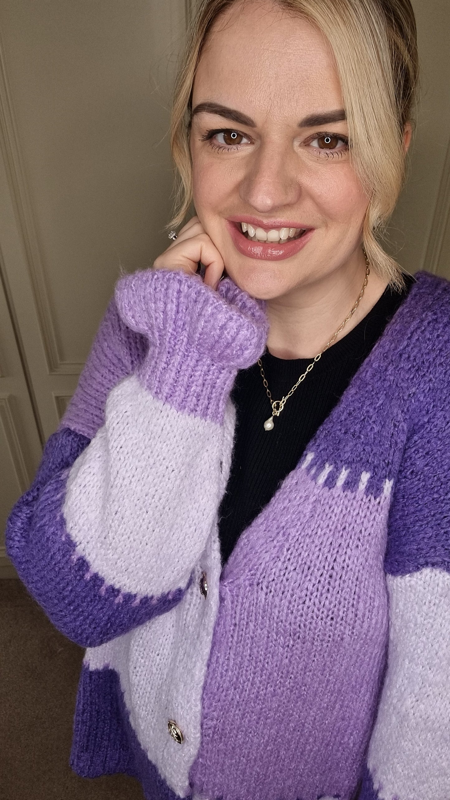 ANNIE PATCHWORK GOLD BUTTON CARDIGAN - PURPLE MIX
