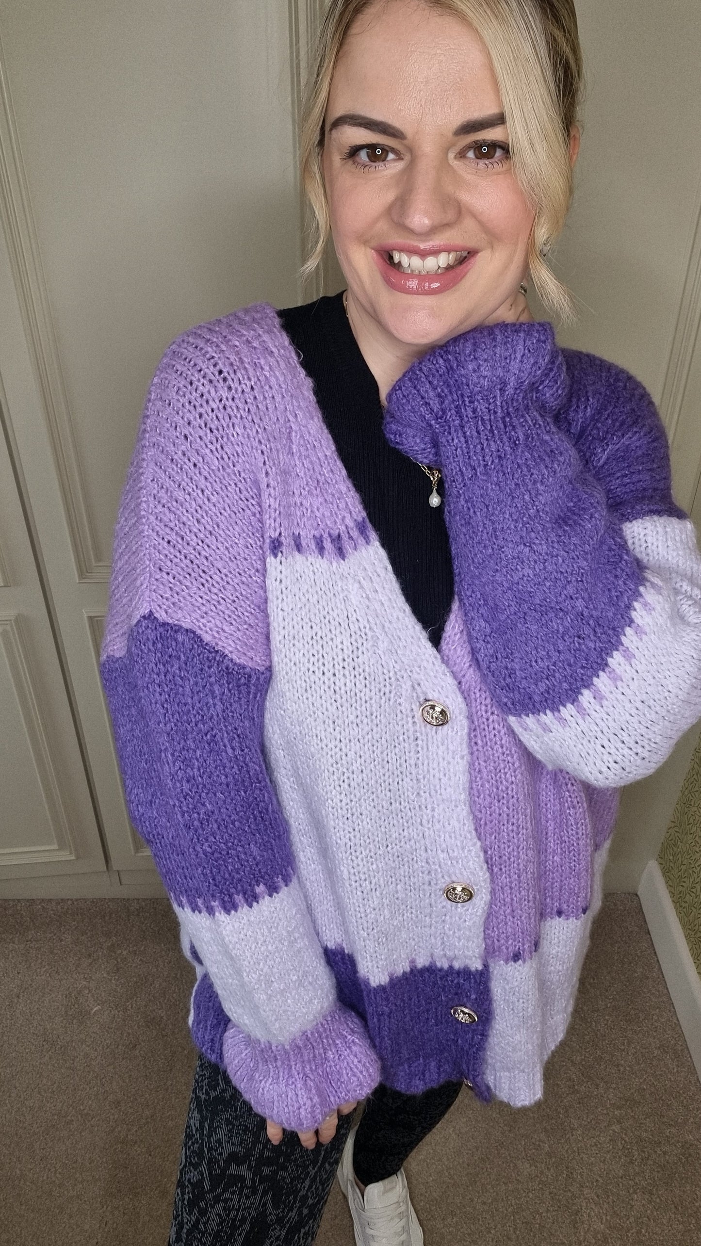ANNIE PATCHWORK GOLD BUTTON CARDIGAN - PURPLE MIX