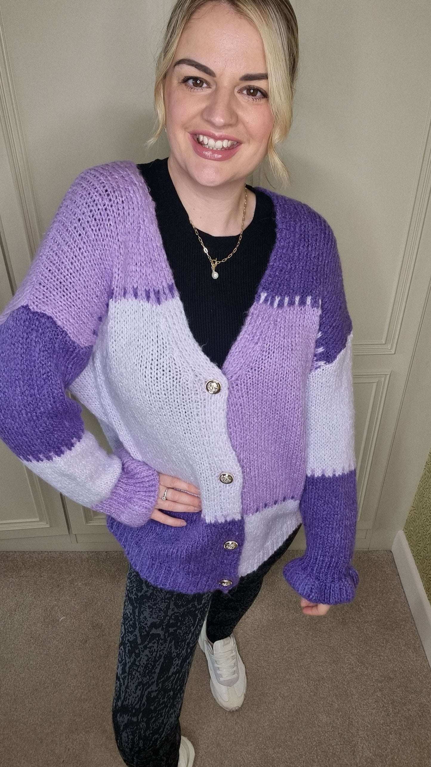 ANNIE PATCHWORK GOLD BUTTON CARDIGAN - PURPLE MIX