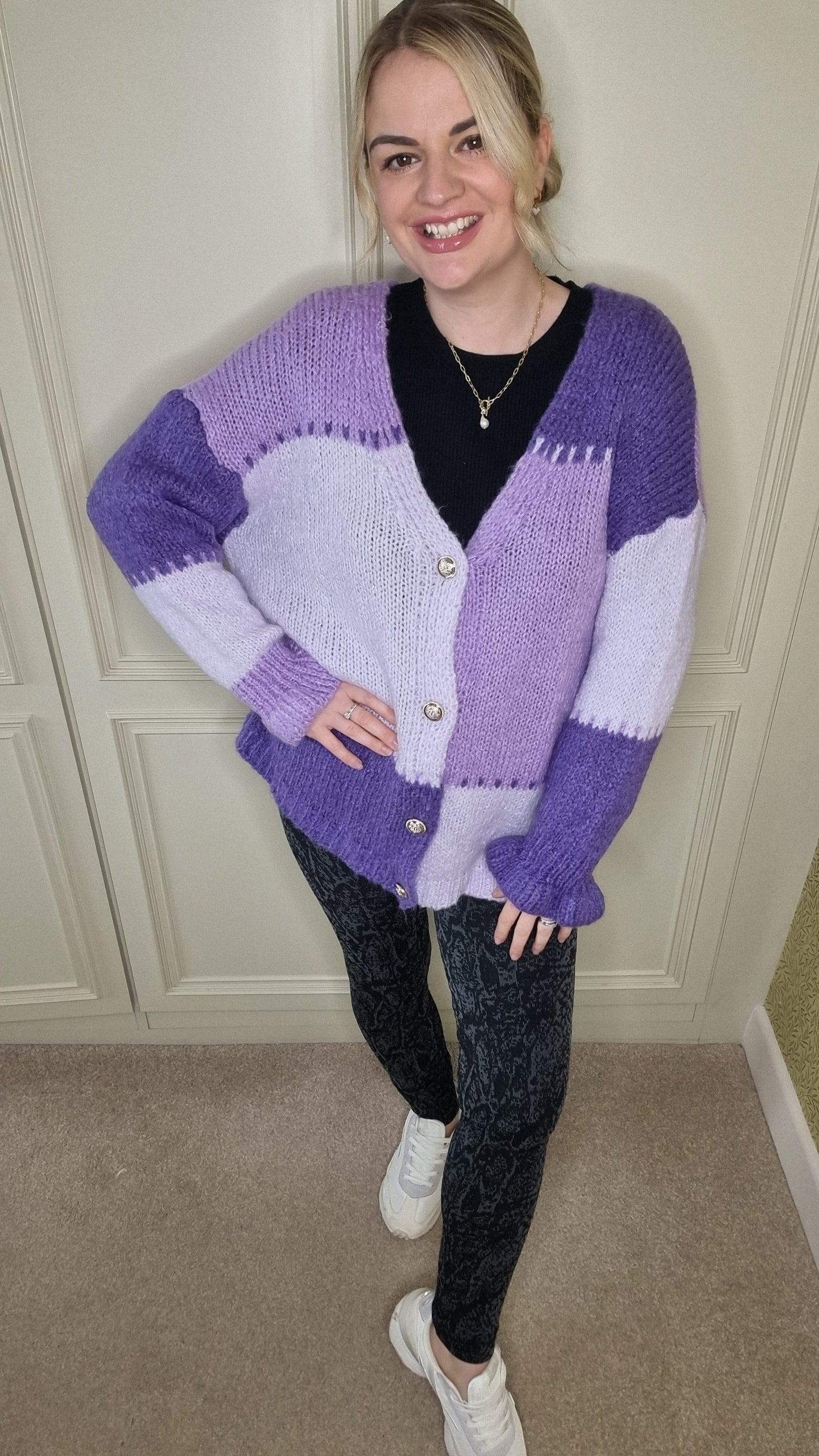 ANNIE PATCHWORK GOLD BUTTON CARDIGAN - PURPLE MIX