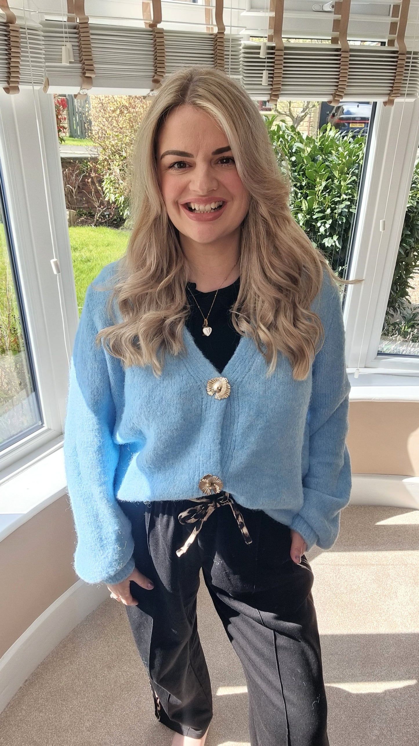 MOLLIE BLUE FLUFFY GOLD BUTTON CARDIGAN