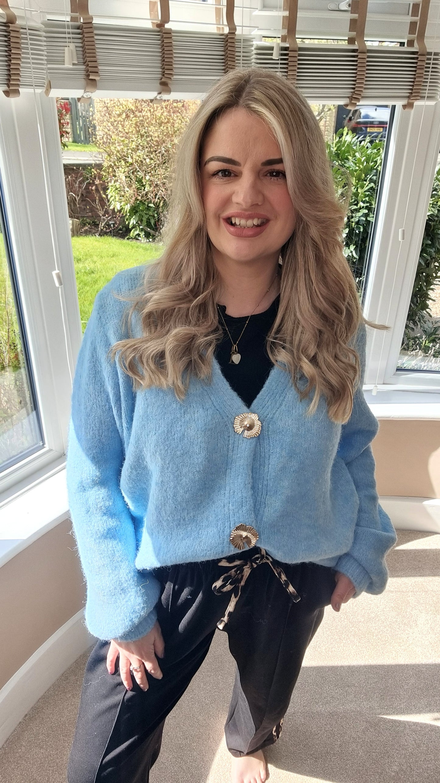MOLLIE BLUE FLUFFY GOLD BUTTON CARDIGAN