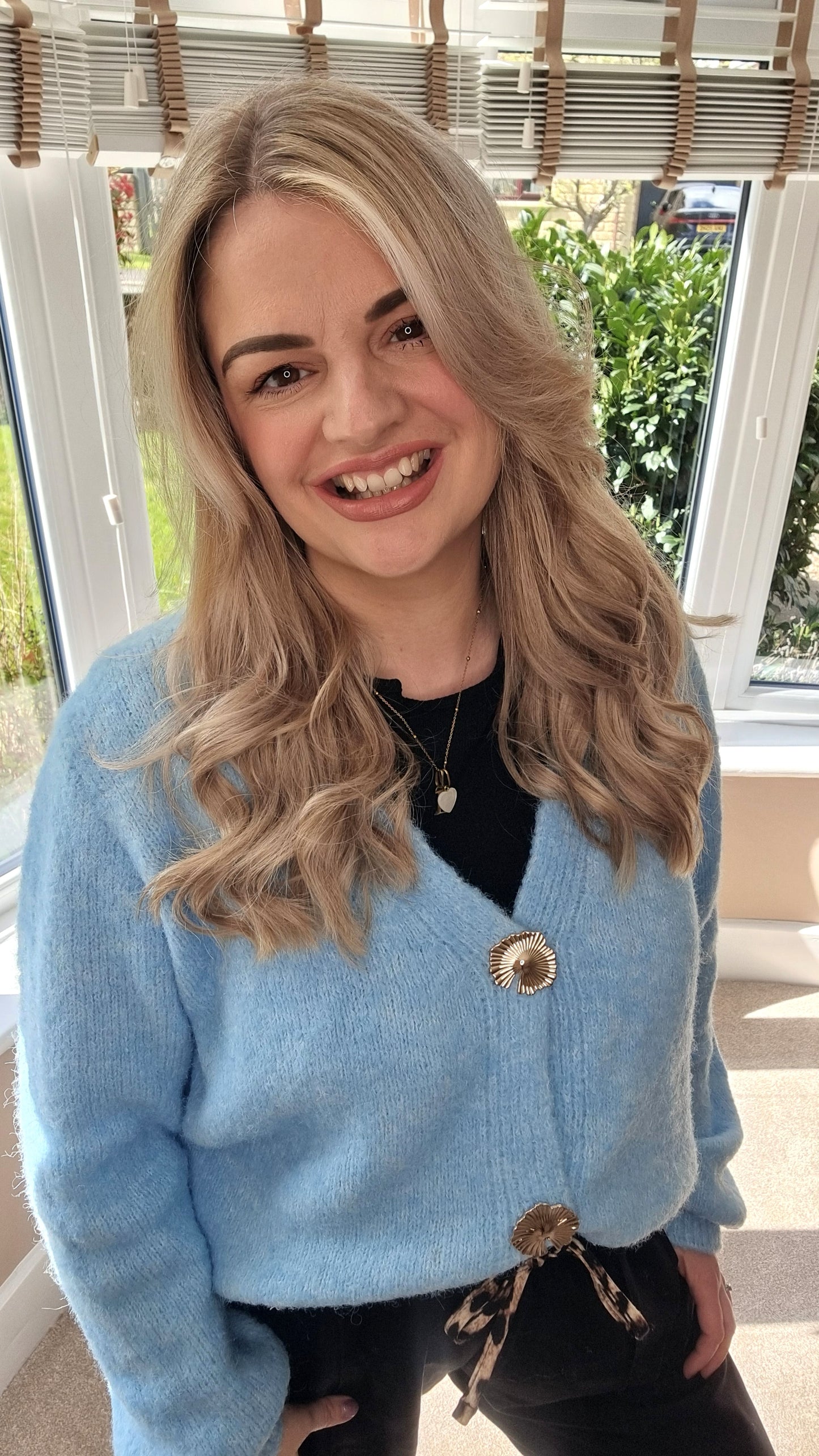 MOLLIE BLUE FLUFFY GOLD BUTTON CARDIGAN