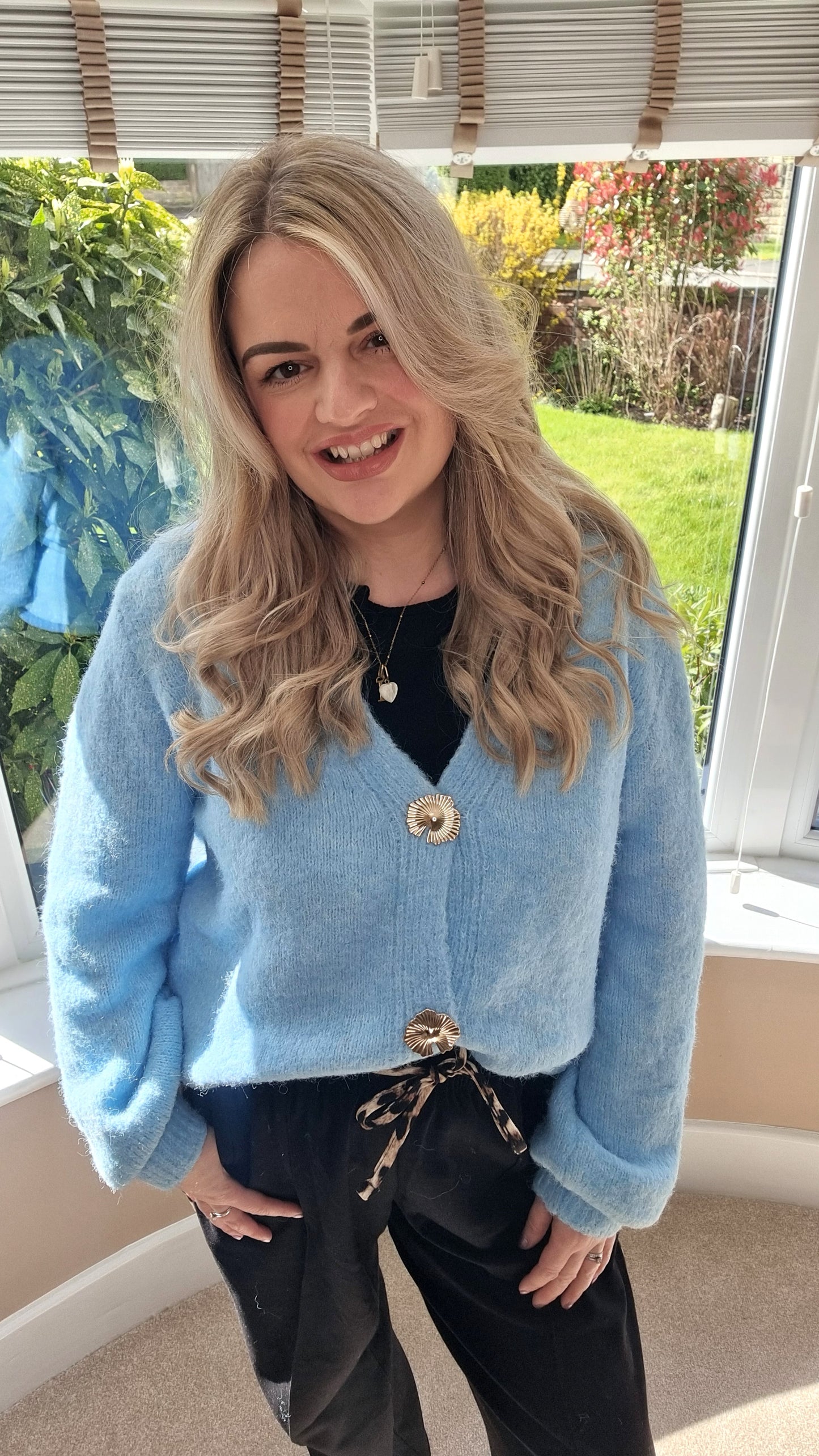 MOLLIE BLUE FLUFFY GOLD BUTTON CARDIGAN
