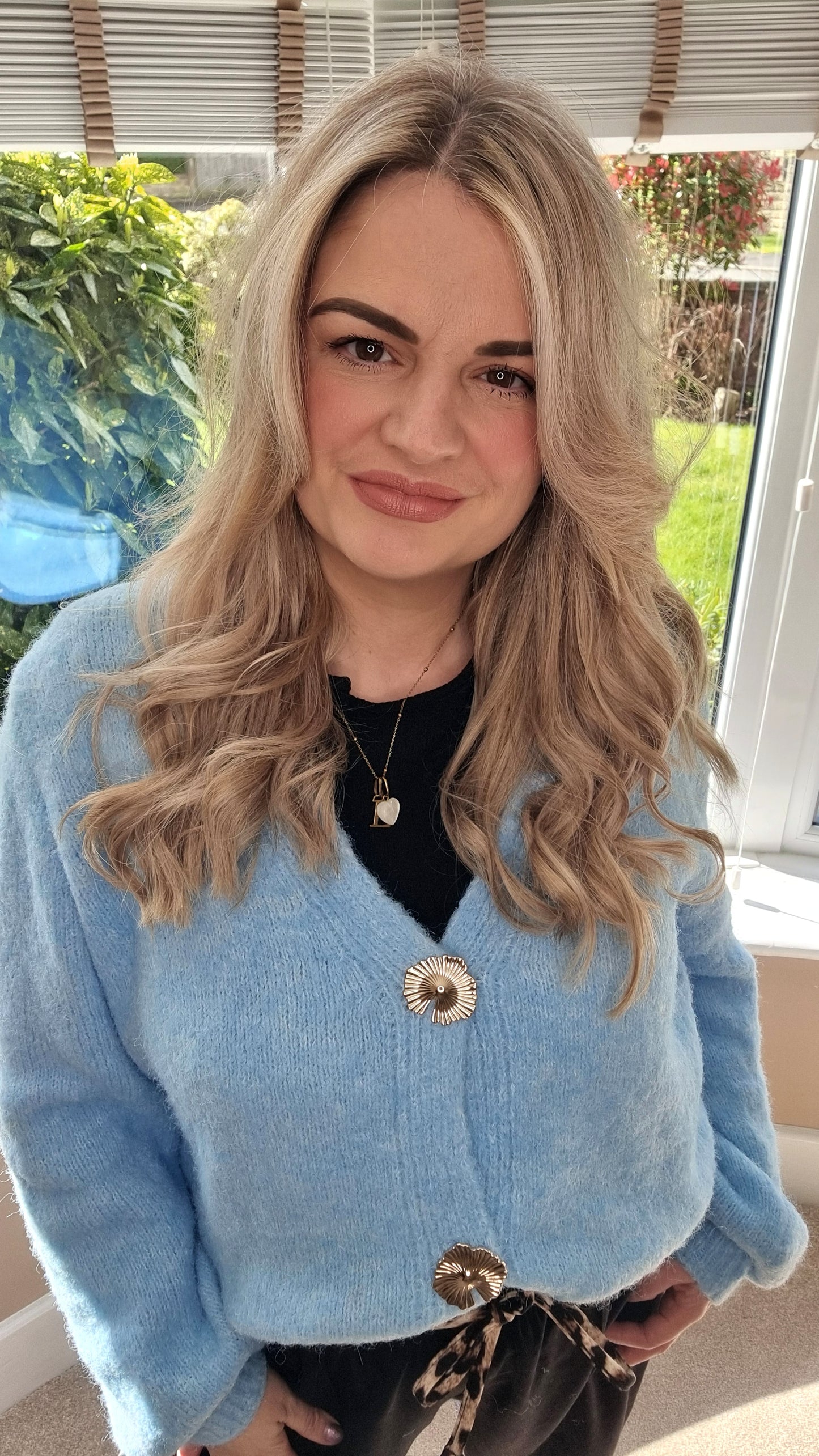 MOLLIE BLUE FLUFFY GOLD BUTTON CARDIGAN