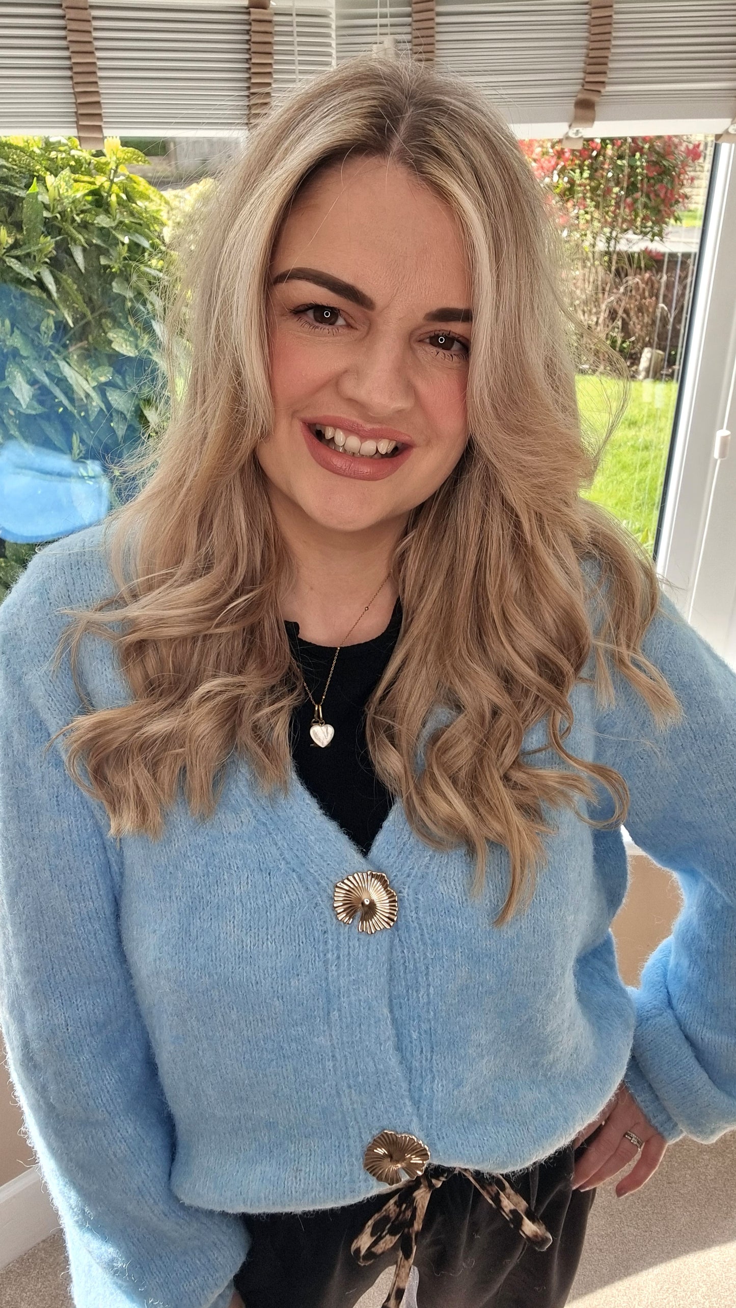 MOLLIE BLUE FLUFFY GOLD BUTTON CARDIGAN