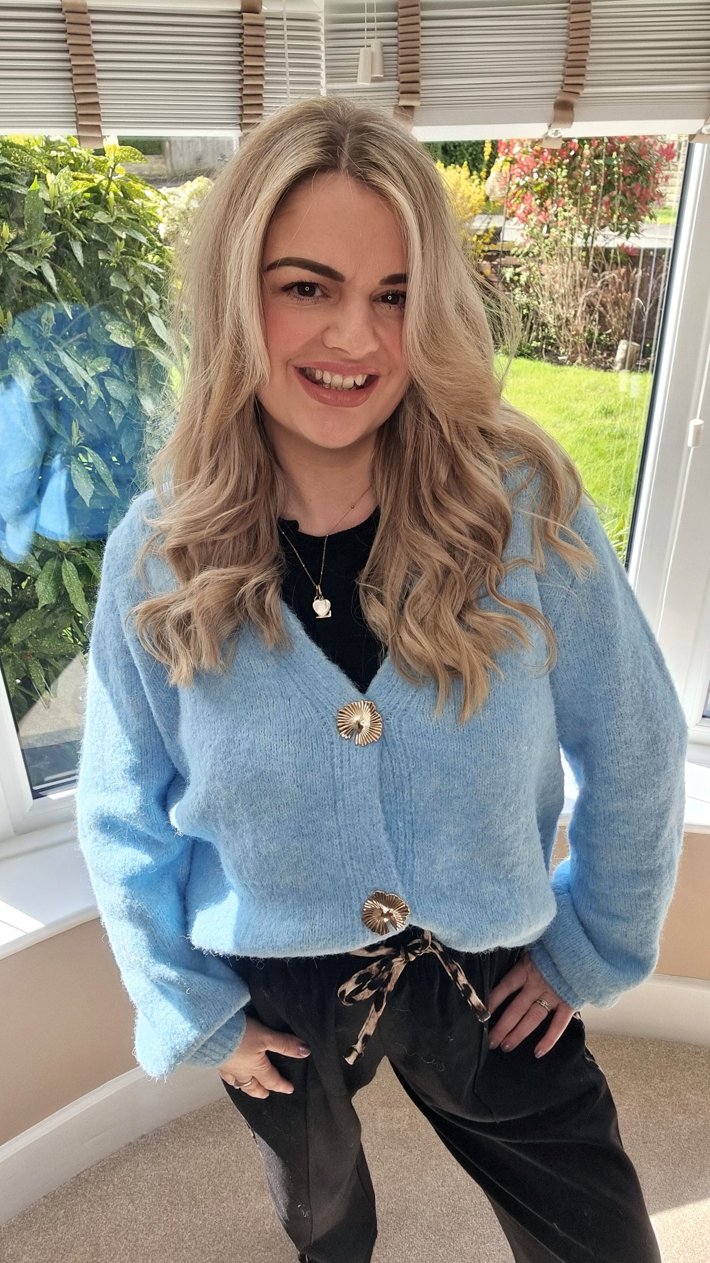 MOLLIE BLUE FLUFFY GOLD BUTTON CARDIGAN