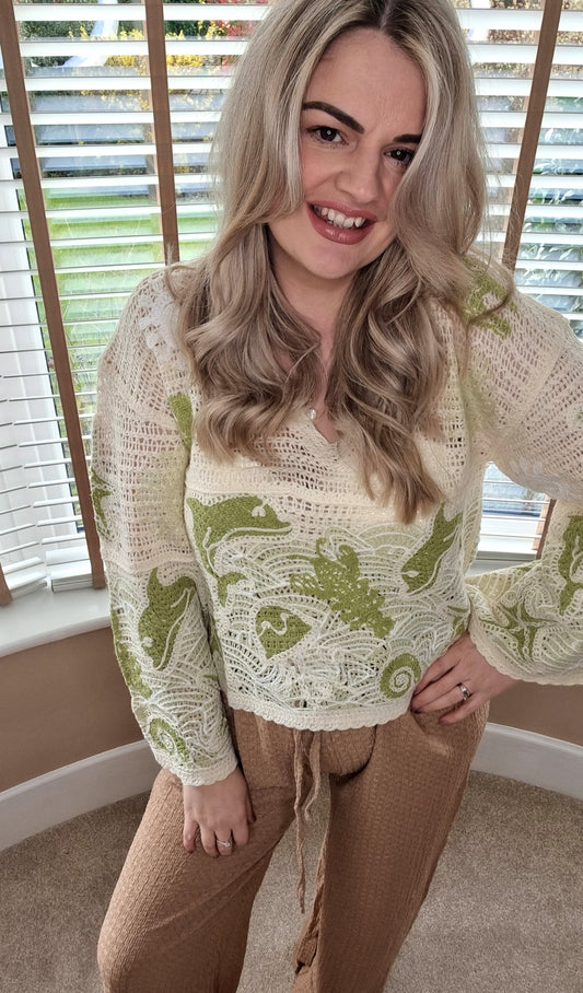 MARINA DOLPHIN CROCHET FLARE SLEEVE SUMMER TOP - LIME