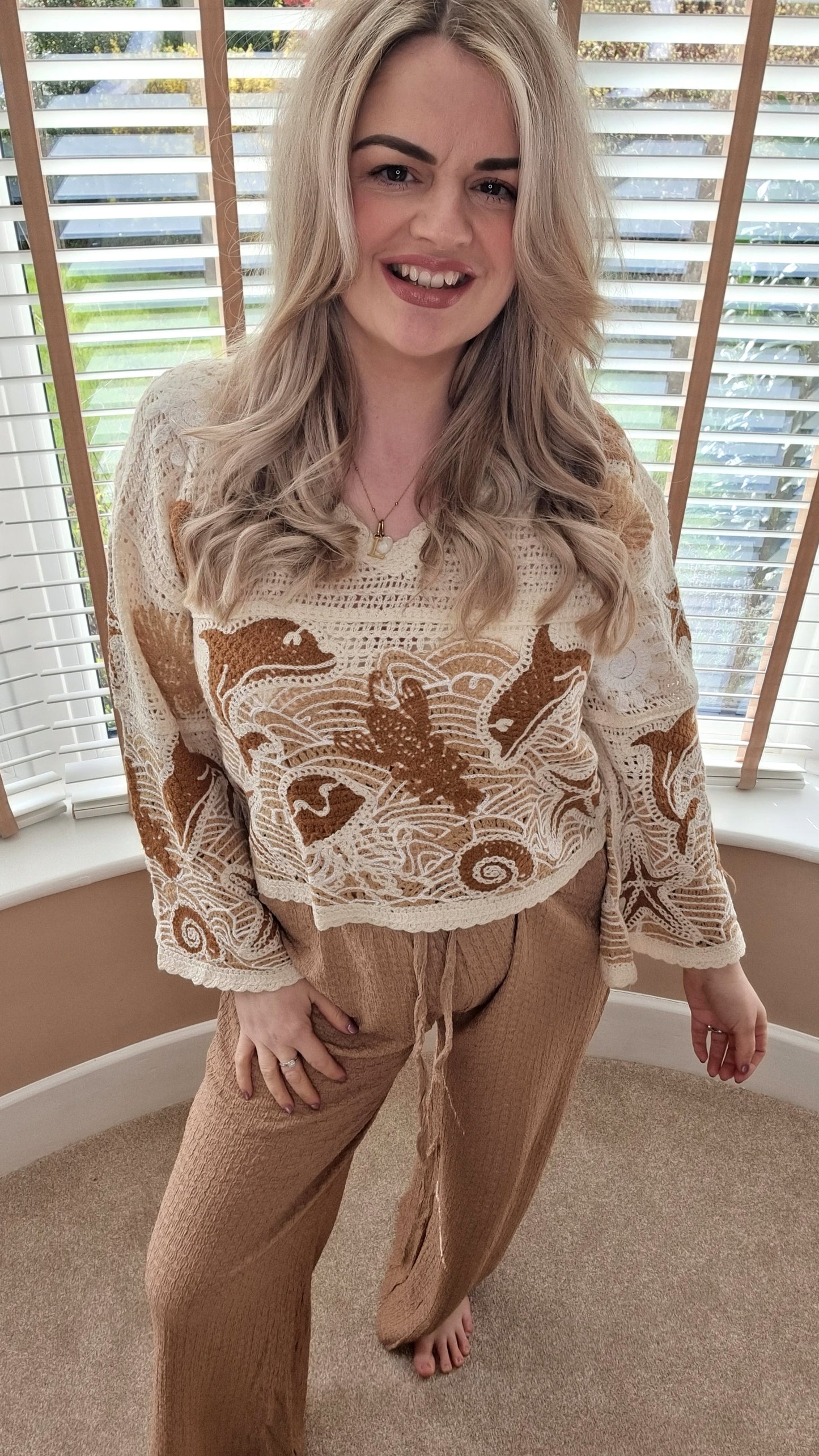 MARINA DOLPHIN CROCHET FLARE SLEEVE SUMMER TOP - BROWN