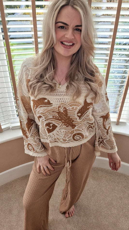 MARINA DOLPHIN CROCHET FLARE SLEEVE SUMMER TOP - BROWN
