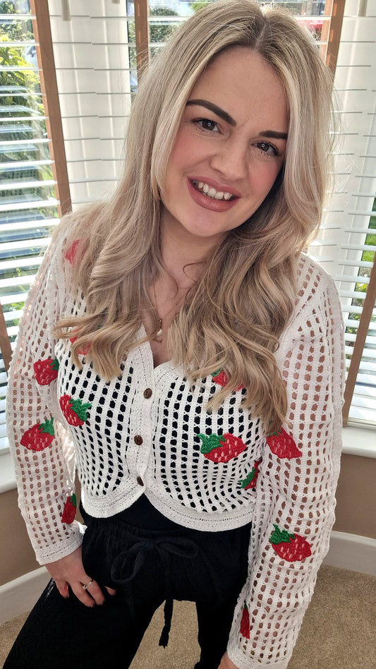 SALLY STRAWBERRY SHORT CROCHET CARDIGAN