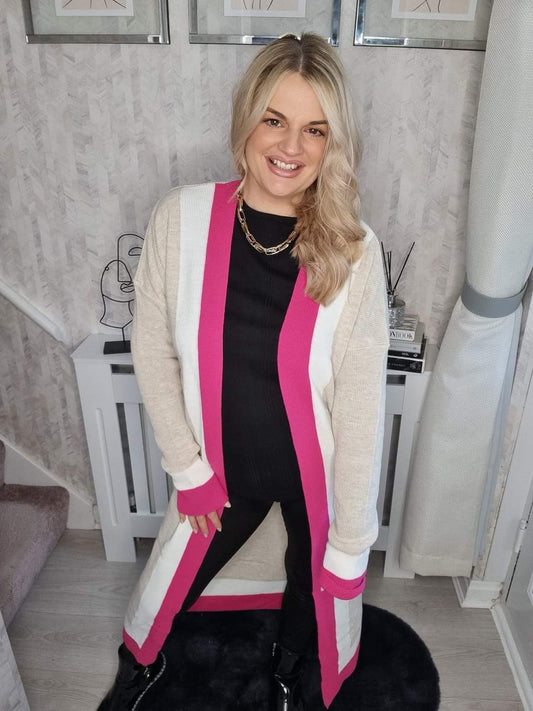 HALLIE LONGLINE COLOUR BLOCK PINK BOARDER CARDIGAN (MORE COLOURS AVAILABLE)