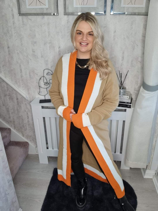 HALLIE LONGLINE COLOUR BLOCK ORANGE BOARDER CARDIGAN (MORE COLOURS AVAILABLE)