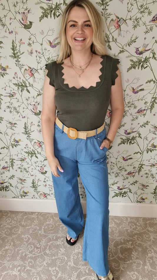 DAPHNE DENIM LOOK WIDE LEG BELTED PANTS - LIGHT
