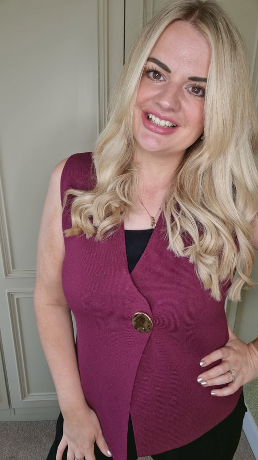 CHARLEY FINE KNIT ONE BUTTON ASYMMETRIC WAISTCOAT - BERRY