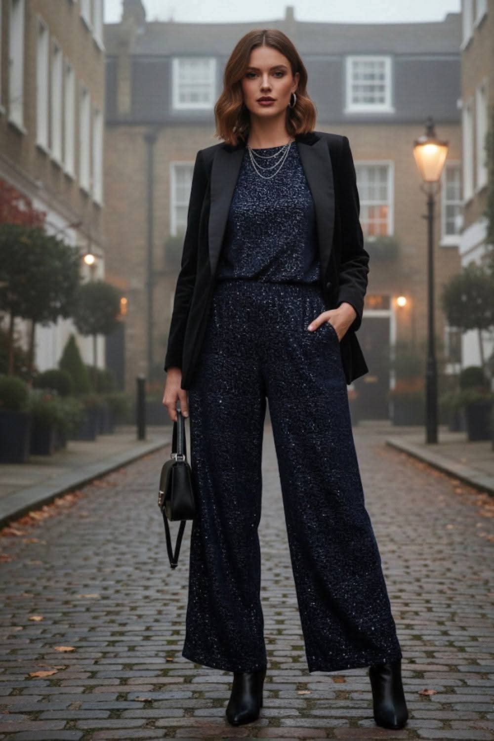 RHIANNA SEQUIN WIDE LEG PANTS - NAVY