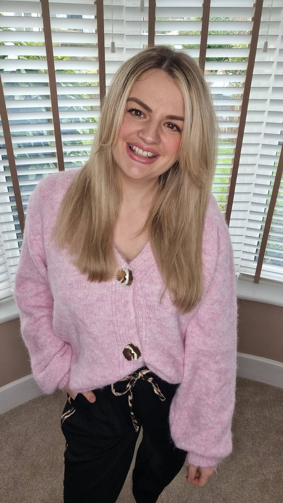 MOLLIE PINK FLUFFY GOLD BUTTON CARDIGAN