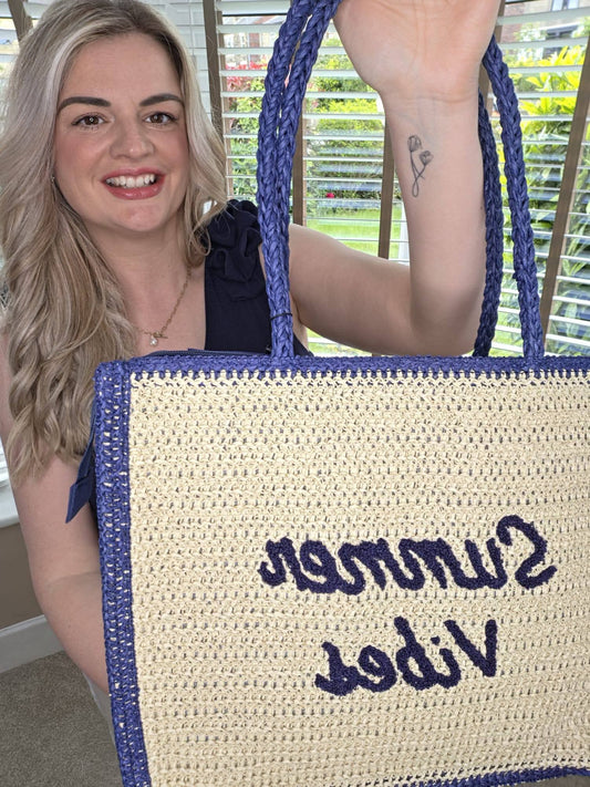 SUMMER VIBES STRAW BEACH BAG - NAVY