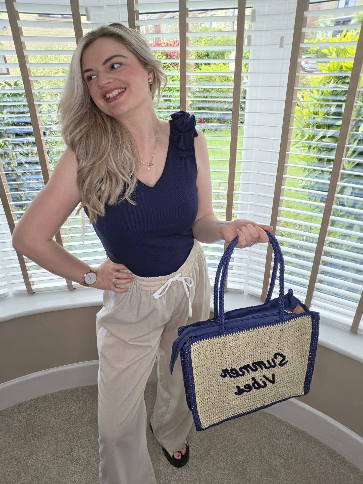 SUMMER VIBES STRAW BEACH BAG - NAVY