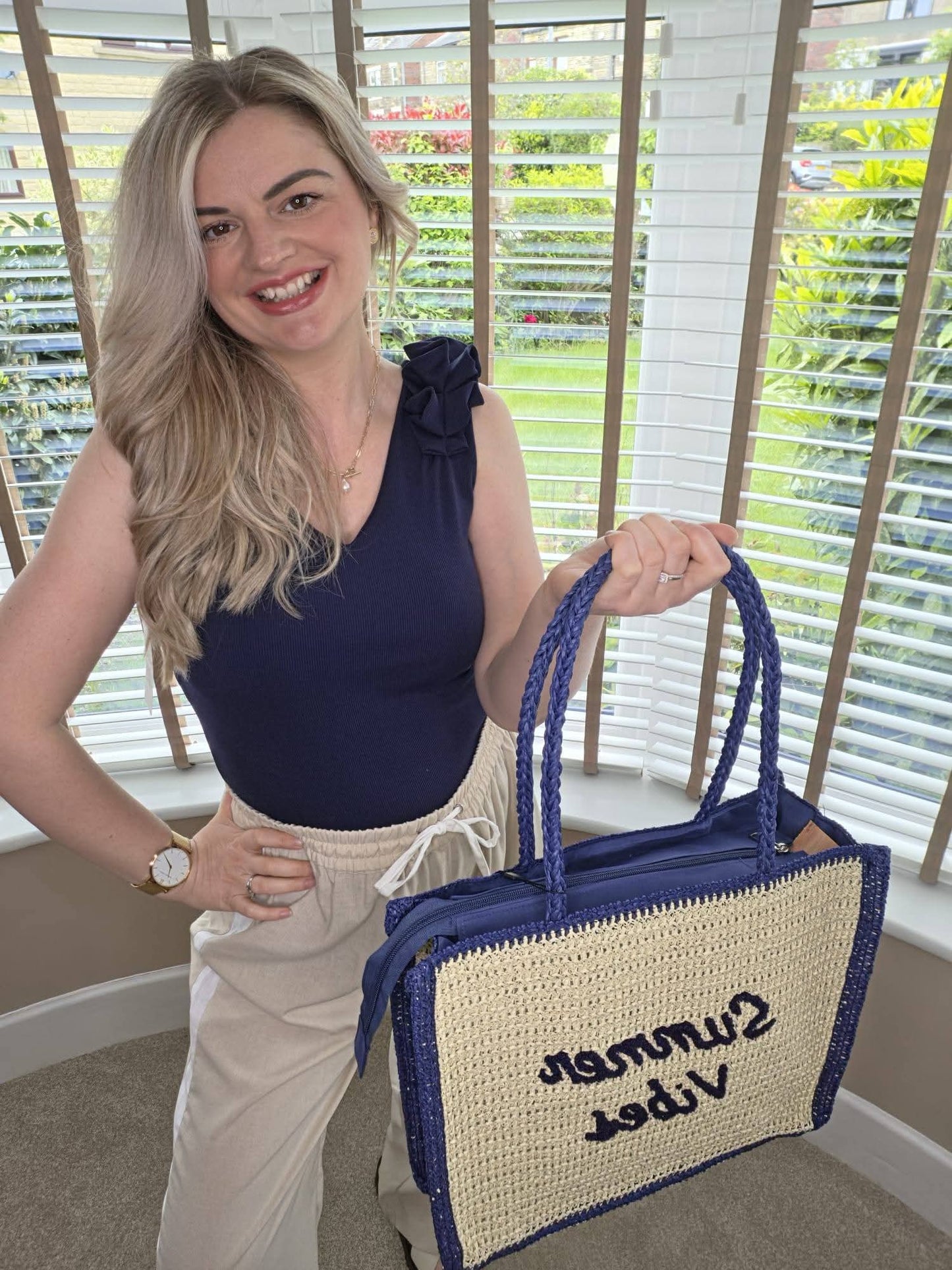 SUMMER VIBES STRAW BEACH BAG - NAVY