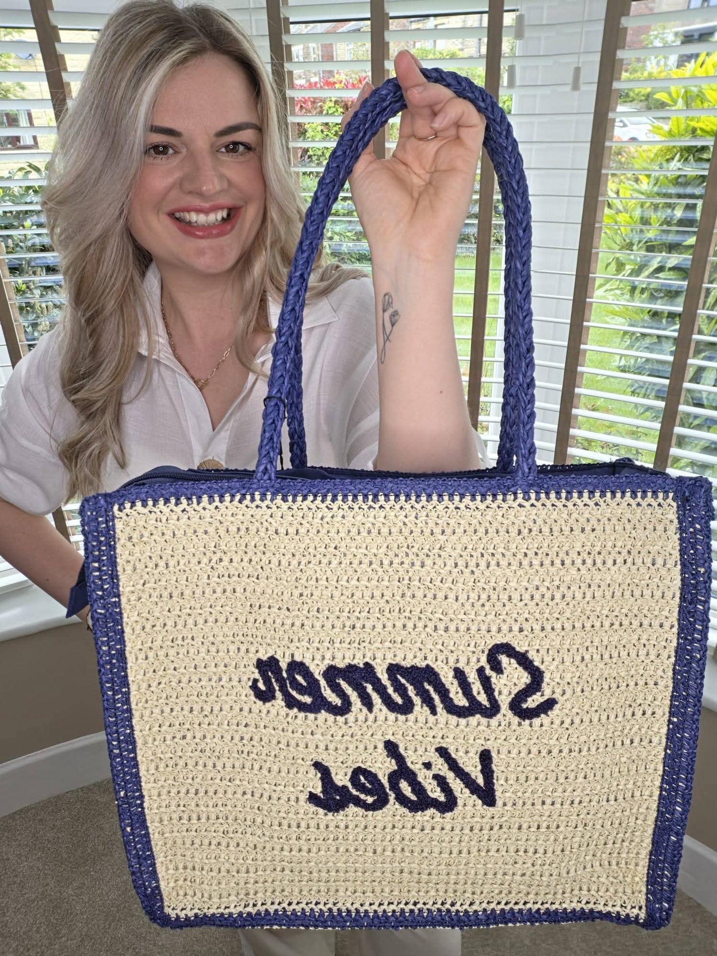 SUMMER VIBES STRAW BEACH BAG - NAVY