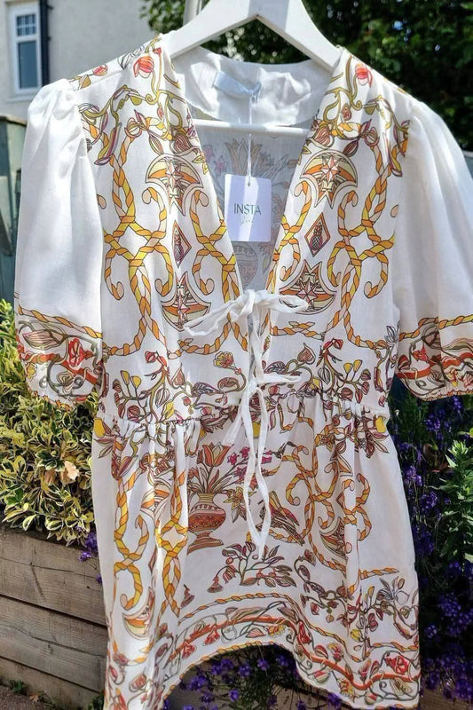 LILY TIE FRONT SMOCK DRESS - YELLOW DESIGN