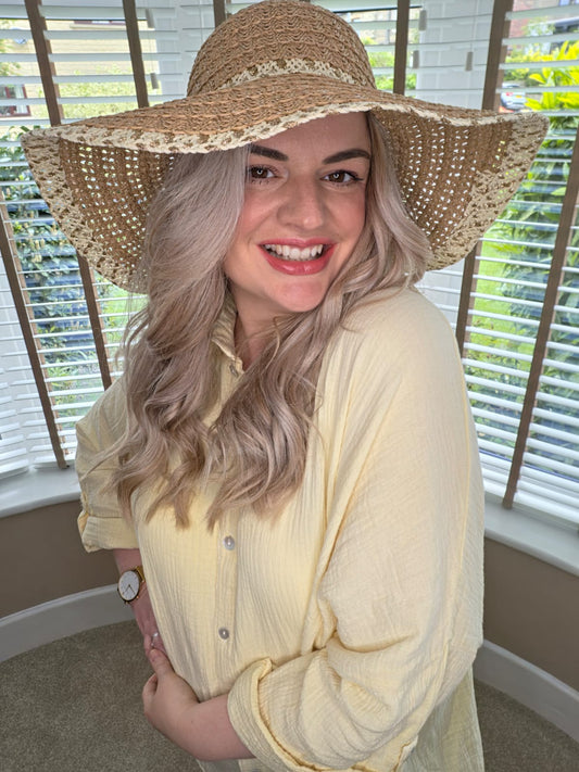 SOFIA CONTRAST WOVEN NATURAL SUN HAT -