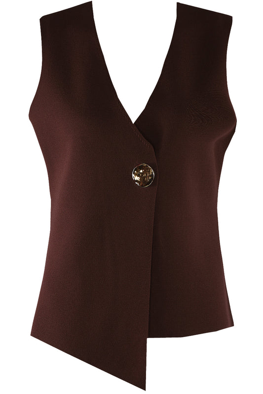 CHARLEY FINE KNIT ONE BUTTON ASYMMETRIC WAISTCOAT -BROWN