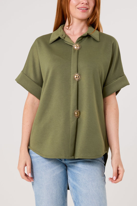 CLAUDIA GOLD STAR BUTTON LOOSE SHIRT - KHAKI