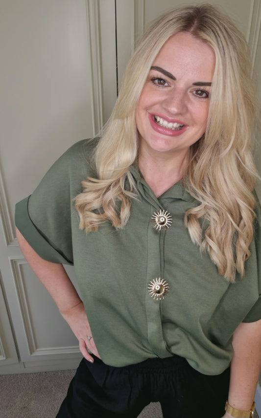 CLAUDIA GOLD STAR BUTTON LOOSE SHIRT - KHAKI